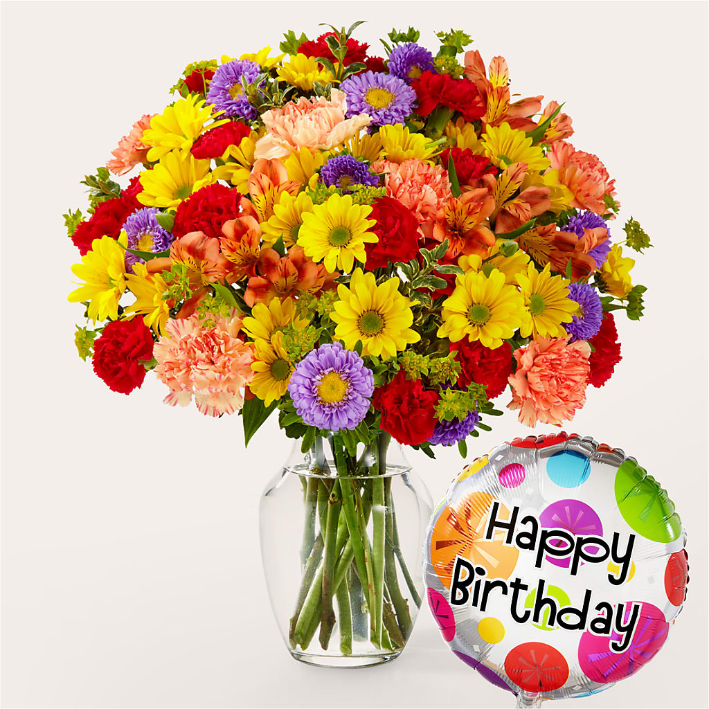 Kaleidoscope Bouquet with Birthday Balloon – Katarina Floral, Hackettstown NJ