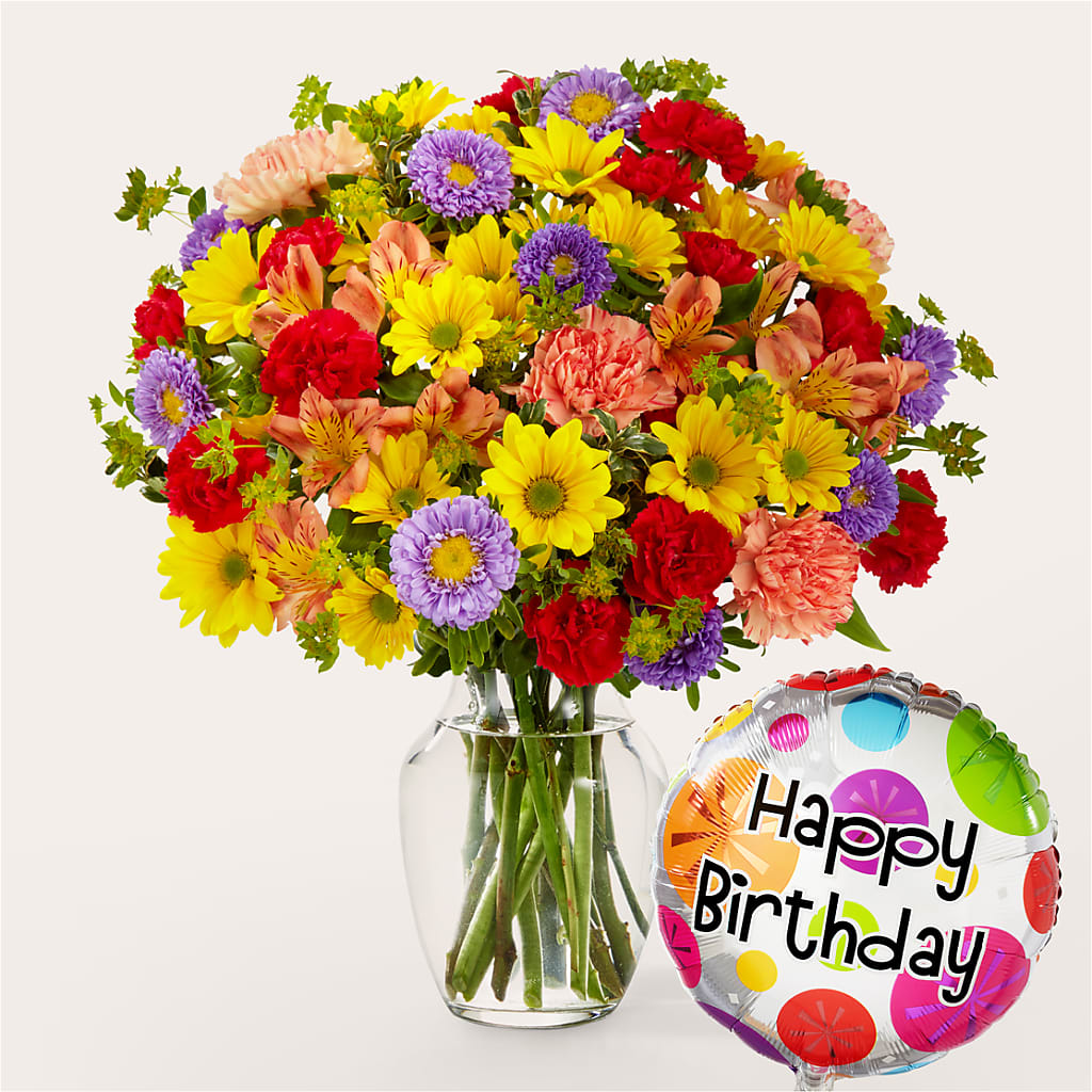 Kaleidoscope Bouquet with Birthday Balloon – Katarina Floral, Hackettstown NJ