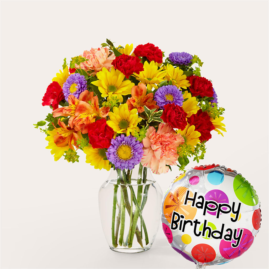 Kaleidoscope Bouquet with Birthday Balloon – Katarina Floral, Hackettstown NJ