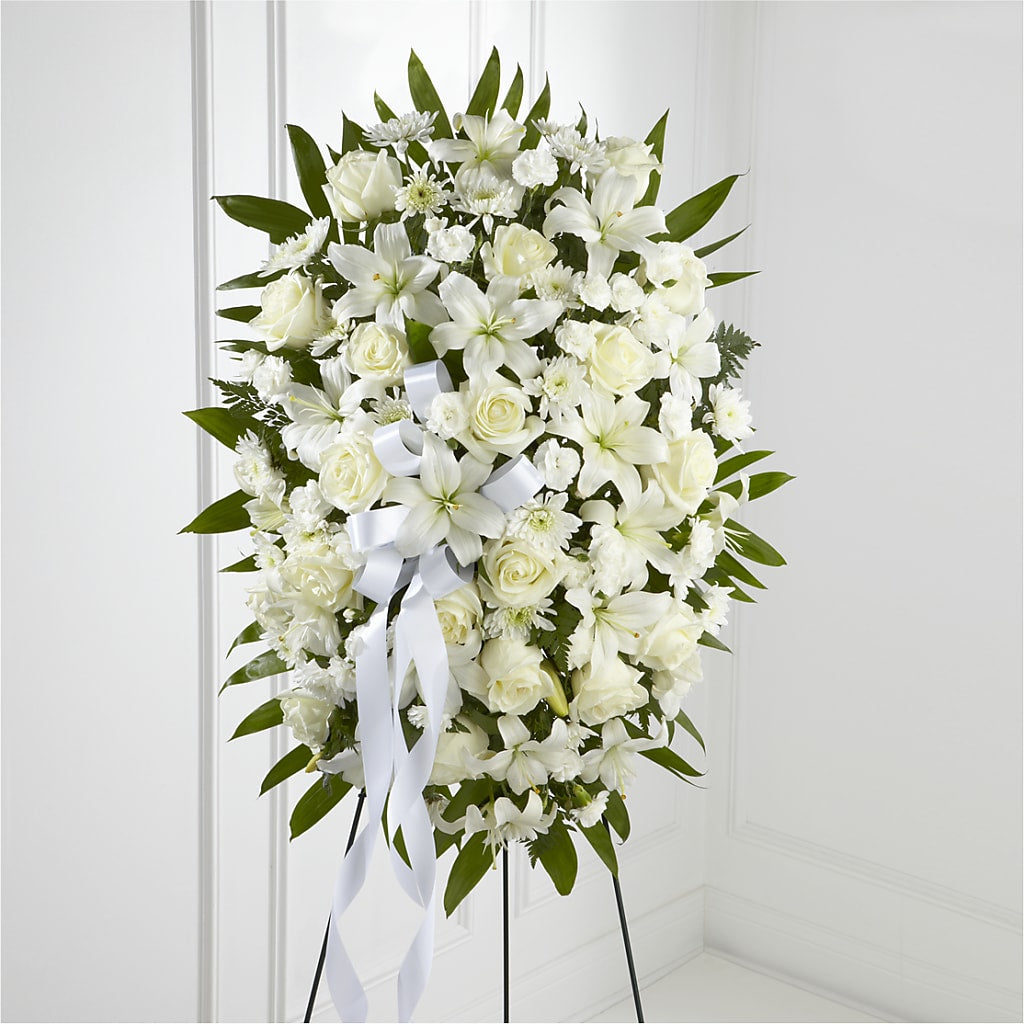 Exquisite Tribute Standing Spray-White Ribbon – Katarina Floral, Hackettstown NJ