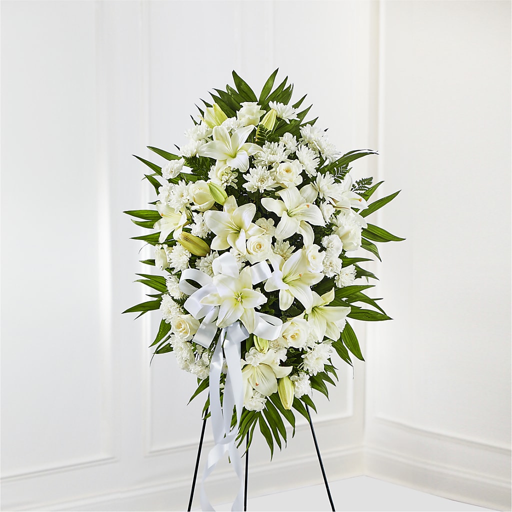 Exquisite Tribute Standing Spray-White Ribbon – Katarina Floral, Hackettstown NJ